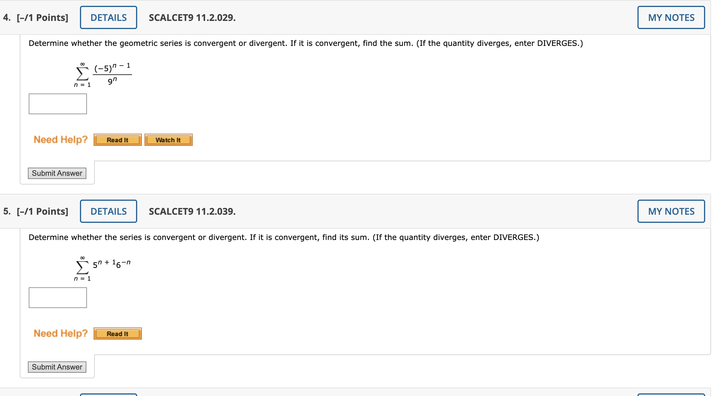 Solved ∑n=1∞9n(−5)n−1 SCALCET9 11.2.039. whether the series | Chegg.com