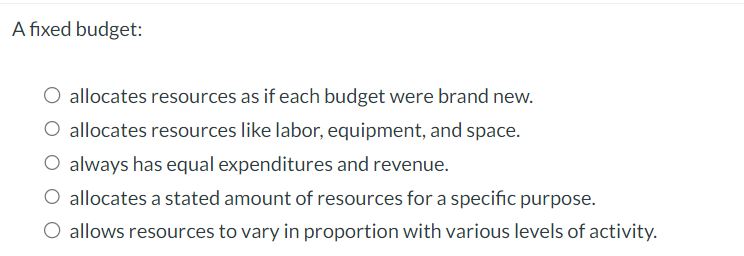 Solved A fixed budget: allocates resources as if each budget | Chegg.com