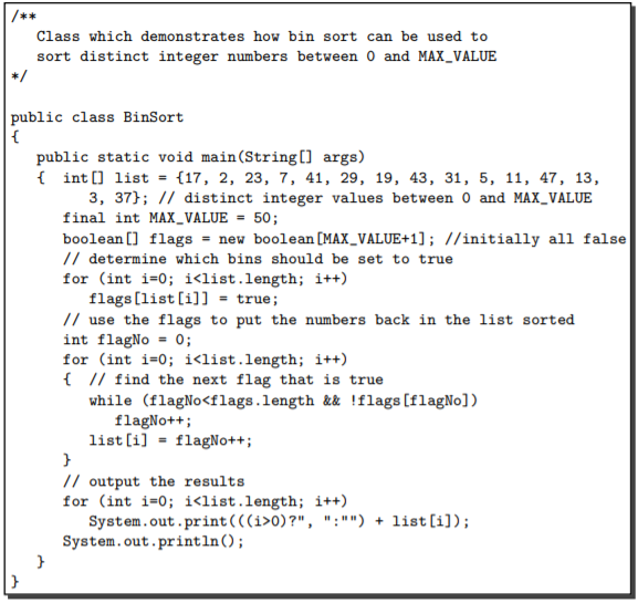 Solved /** Class which demonstrates how bin sort can be used | Chegg.com