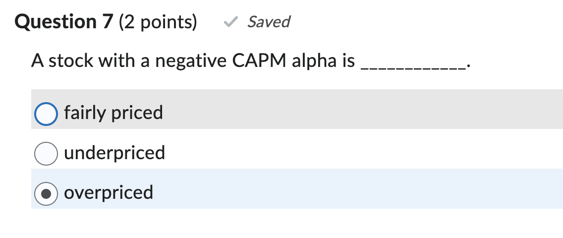 Solved A stock with a negative CAPM alpha is fairly priced | Chegg.com