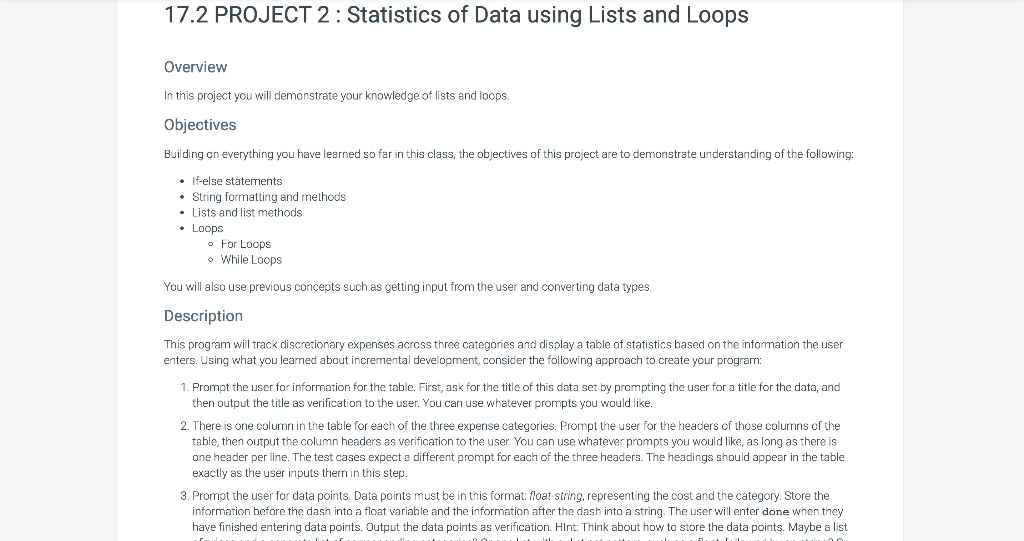 17.2 PROJECT 2: Statistics of Data using Lists and | Chegg.com