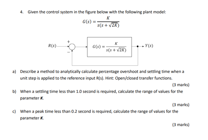 Solved 4. Given the control system in the figure below with | Chegg.com