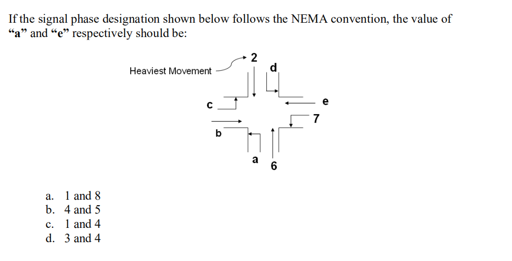 If the signal phase designation shown below follows the NEMA convention, the value of
“a” and “e” respectively should be:
2
H