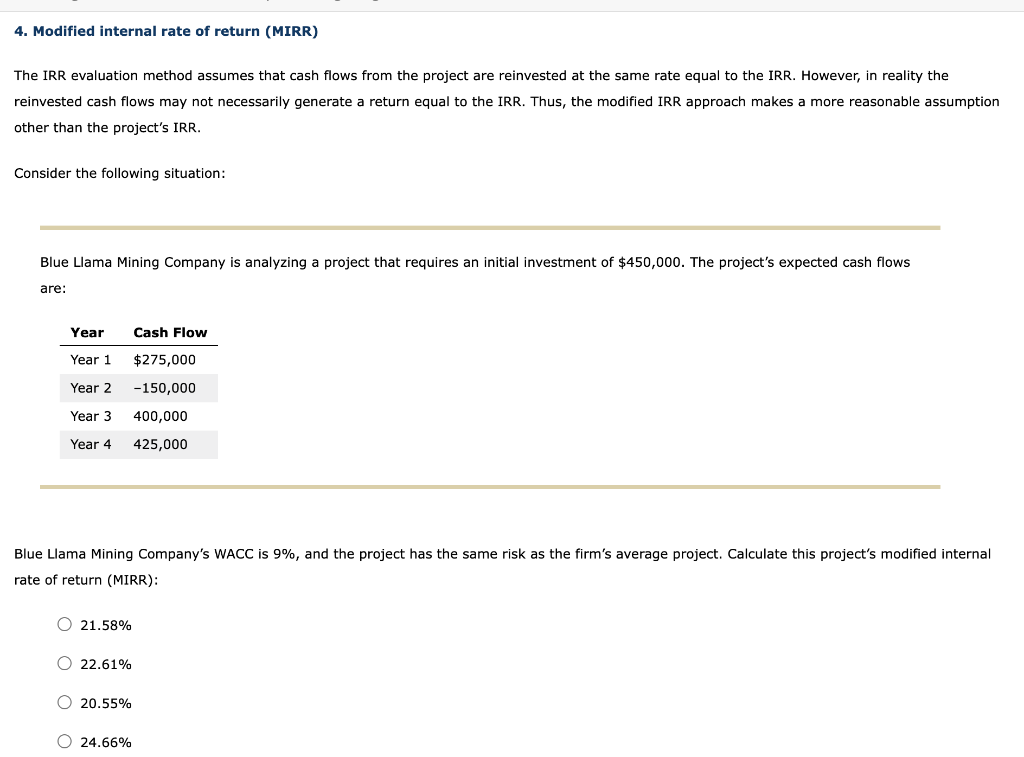 Solved 4. Modified internal rate of return (MIRR) The IRR | Chegg.com