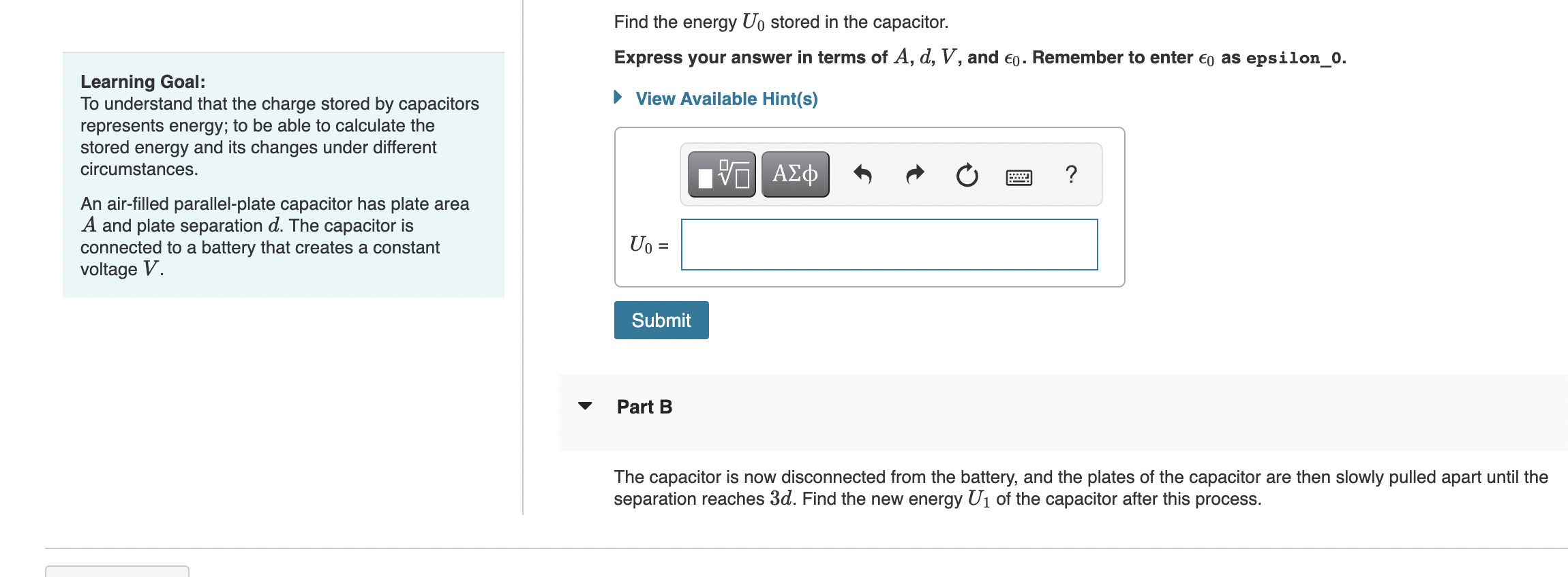 Solved Find the energy U0 stored in the capacitor. Express | Chegg.com