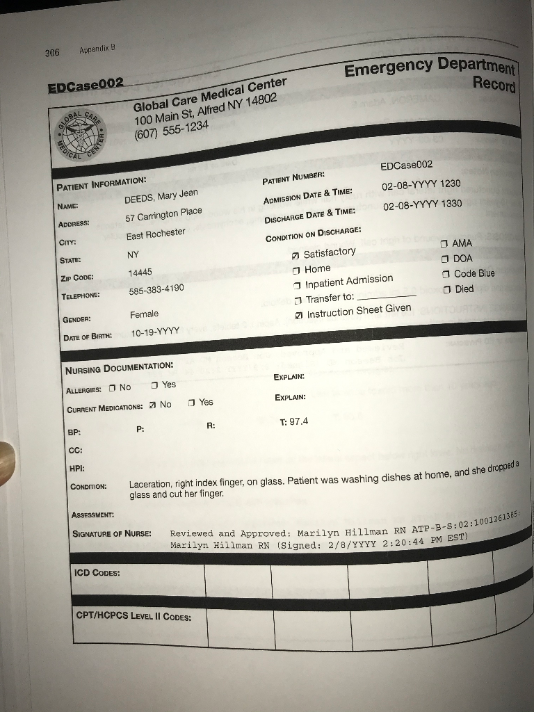 Solved 306 Appendix B Emergency Department EDCase002 Record | Chegg.com