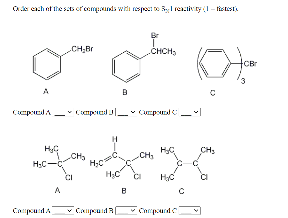 Order each of the sets of compounds with respect to Syl reactivity (1 = fastest).
Br
CH2Br
CHCH3
CBr
3
A А.
B
с
Compound A
Co