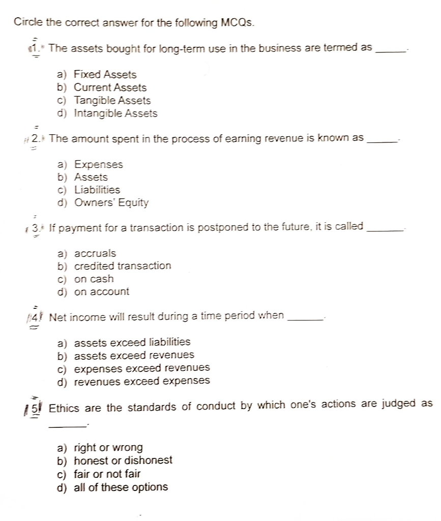 Solved Circle the correct answer for the following MCQs 1. | Chegg.com