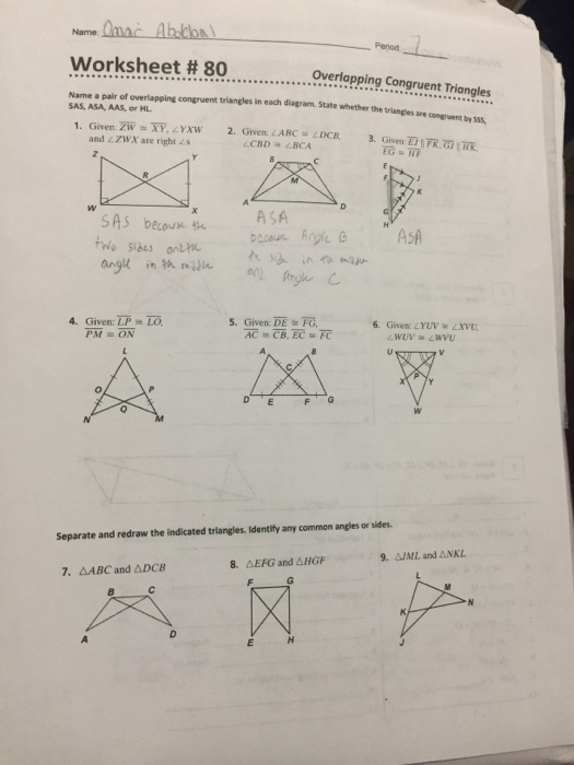 Solved Worksheet Buoverlopping Congruent Triangles 80 Name Chegg