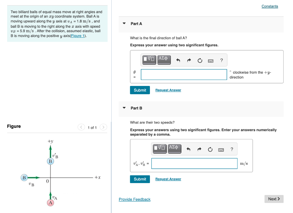 Solved Two billiard balls of equal mass move at right angles