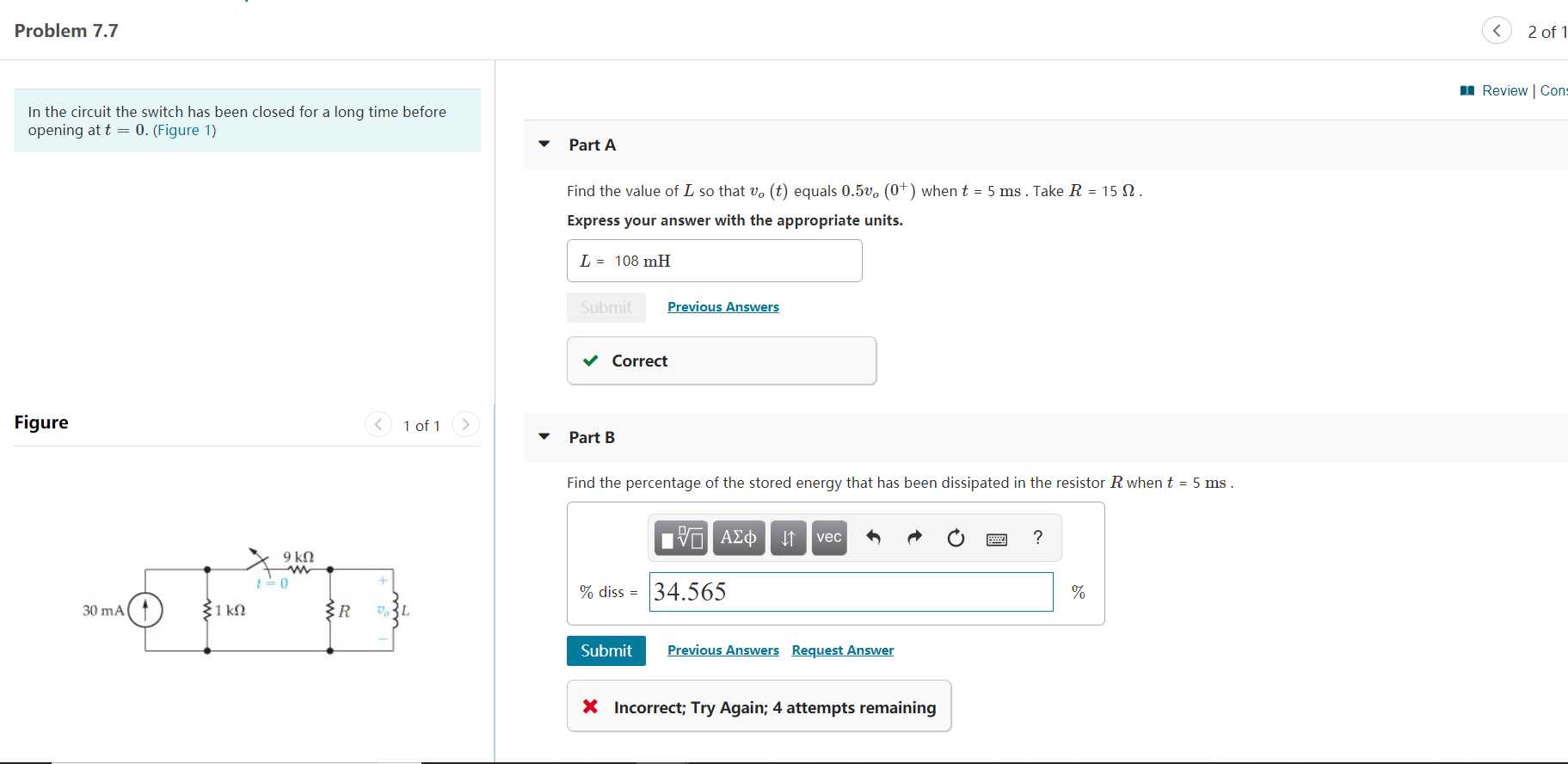 Solved Problem 7.7 2 of 1 Review | Con In the circuit the | Chegg.com