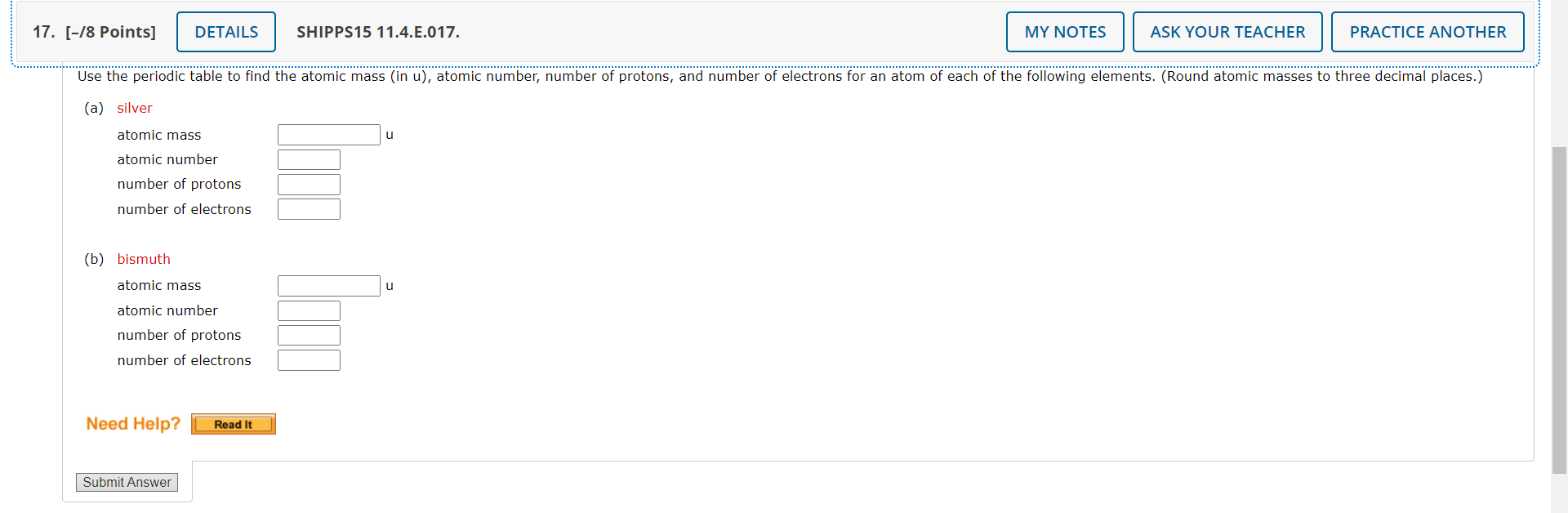 Solved (b) bismuth atomic mass u atomic number number of | Chegg.com