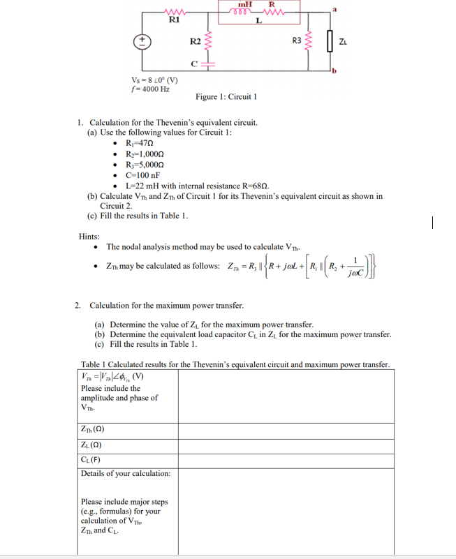 Solved Ih R W R1 L R2 R3 W Zl C1 Vs 8 20 V F 4000 H Chegg Com