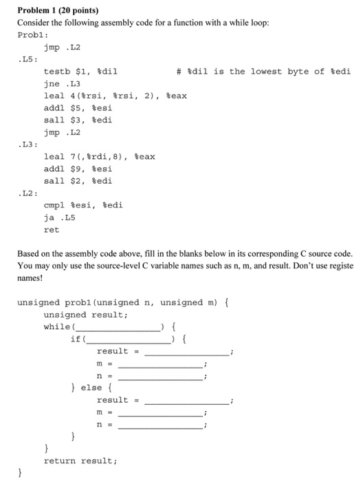 Solved Problem 1 (20 points) Consider the following assembly | Chegg.com