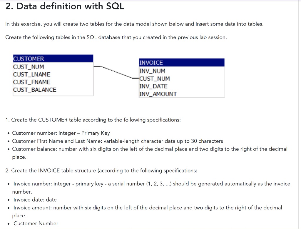 Solved 2. Data definition with SQL In this exercise, you | Chegg.com