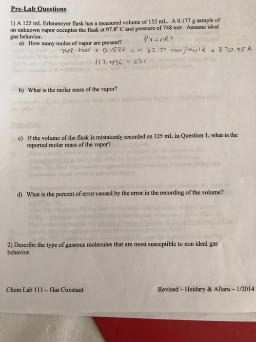 Solved Pre Lab Questions 1 A 125 ML Erlenmeyer Flask Has A Chegg