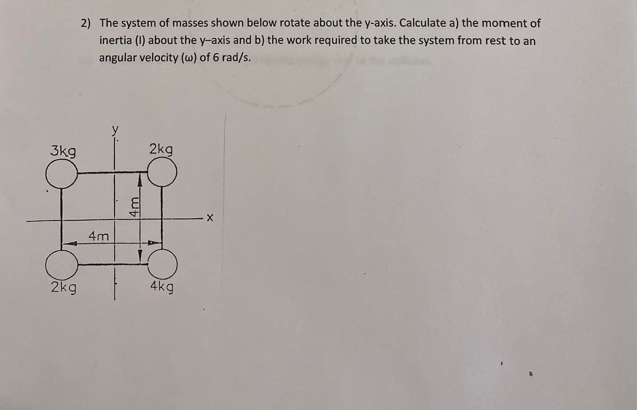 Solved 2) The system of masses shown below rotate about the | Chegg.com