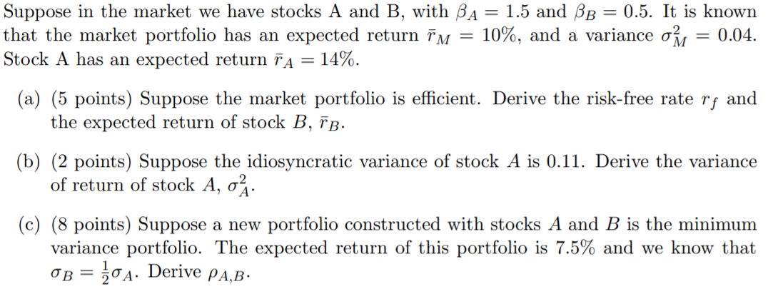 Suppose In The Market We Have Stocks A And B, With BA | Chegg.com