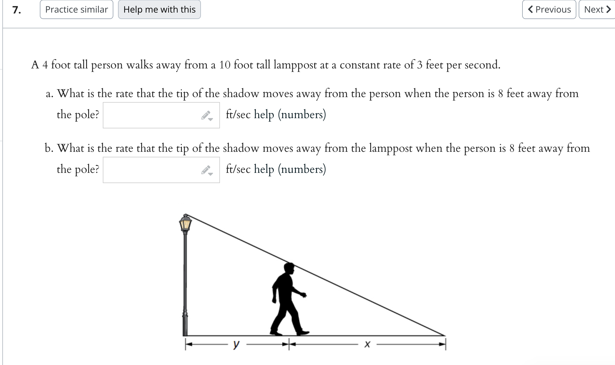 Solved A 4 foot tall person walks away from a 10 foot tall | Chegg.com