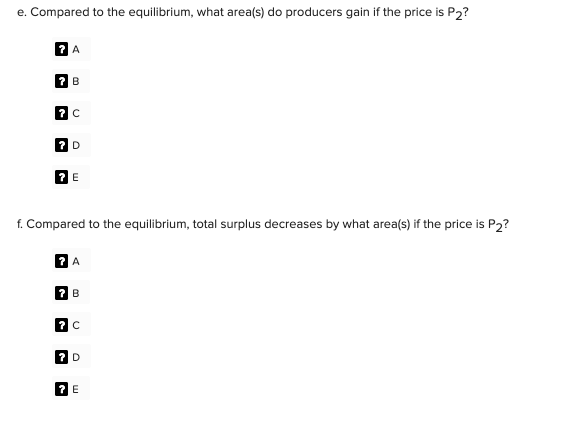 e. Compared to the equilibrium, what area(s) do producers gain if the price is \( P_{2} \) ?
\( ? \mathrm{~A} \)
\( ? \mathrm