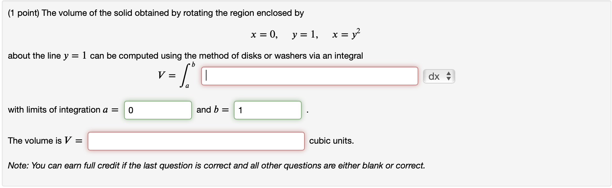 Solved 1 Point The Volume Of The Solid Obtained By