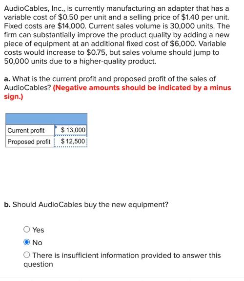 Solved Audio Cables, Inc., is currently manufacturing an