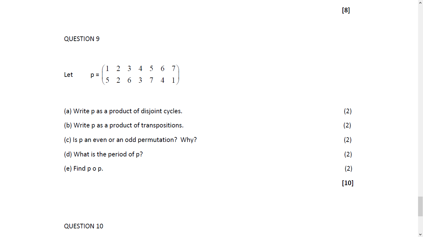 Solved [8] QUESTION 9 1 2 3 4 5 6 7 Let p = 5 2 6 3 7 4 1 | Chegg.com