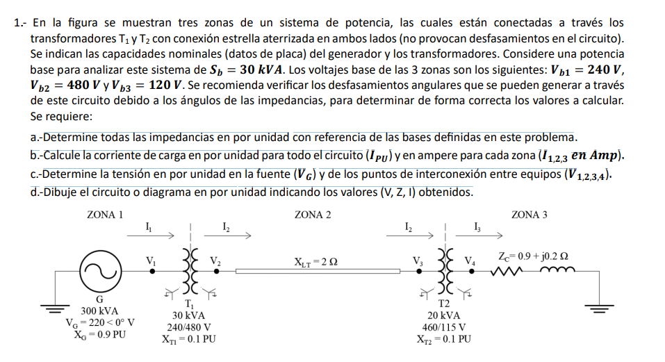 En la figura se muestran tres zonas de un sistema de potencia, las cuales están conectadas a través los transformadores \( \m