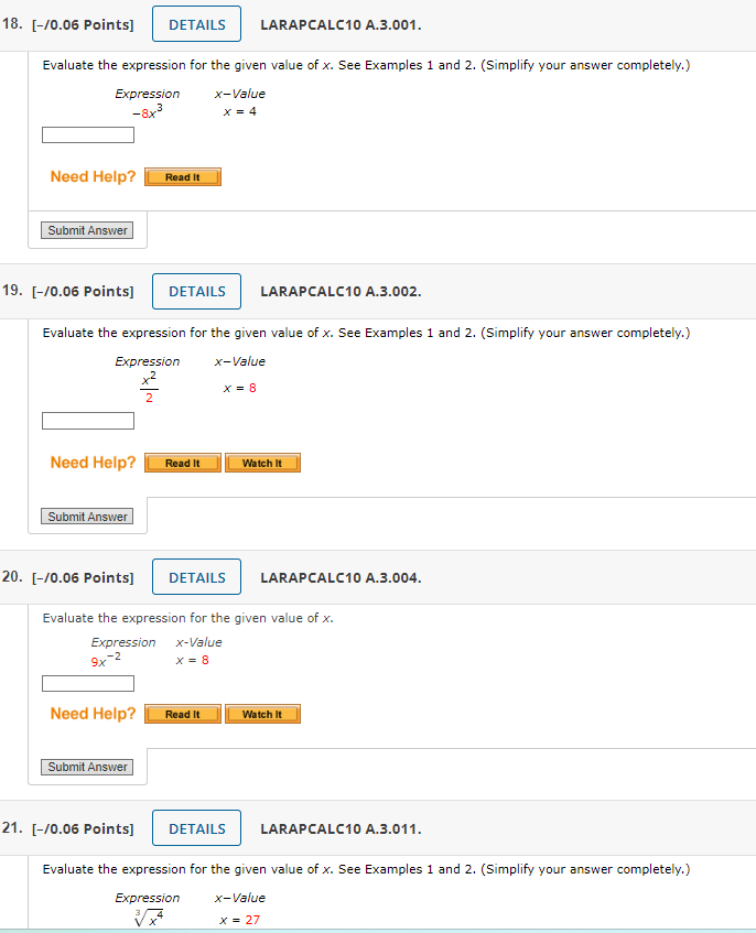 Solved Evaluate the expression for the given value of x. See | Chegg.com