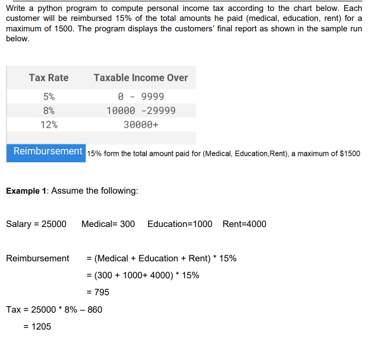Solved Write a python program to compute personal income tax | Chegg.com