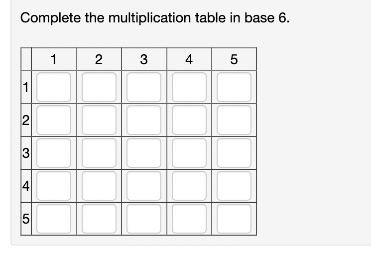 Solved Complete the multiplication table in base 6 Chegg com
