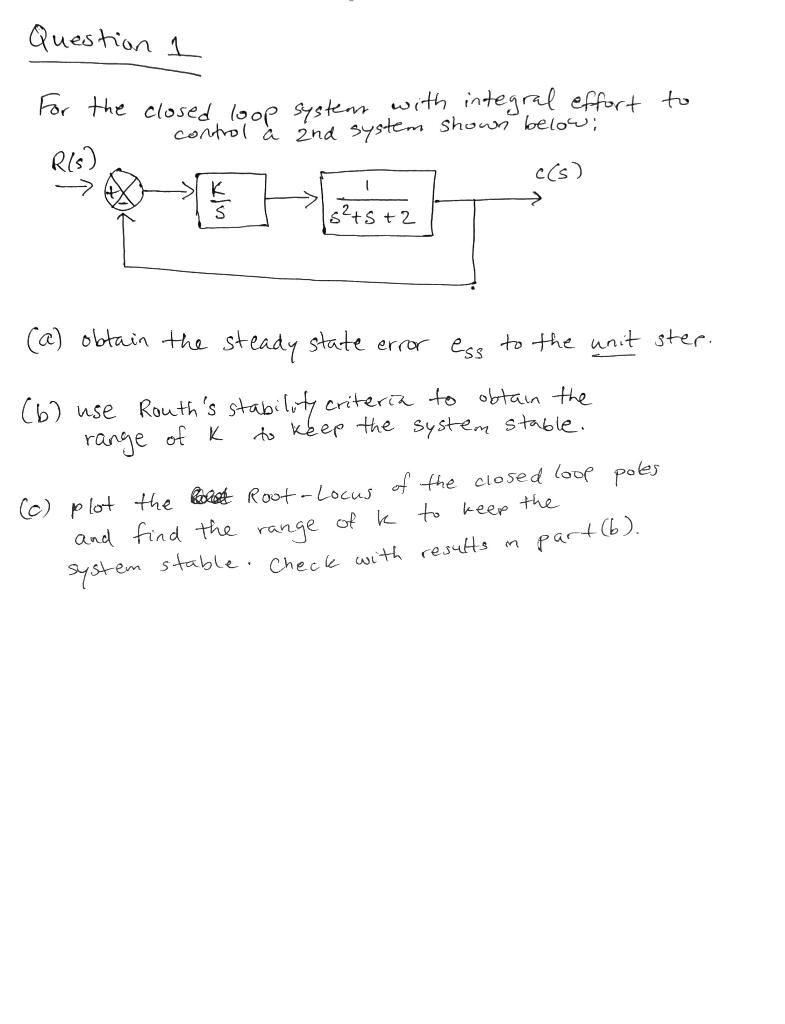Solved Question 1 For the closed loop system with integral | Chegg.com ...