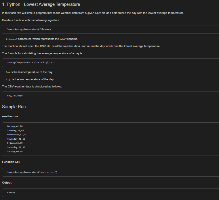 Solved 1. Python - Lowest Average Temperature In this task, | Chegg.com