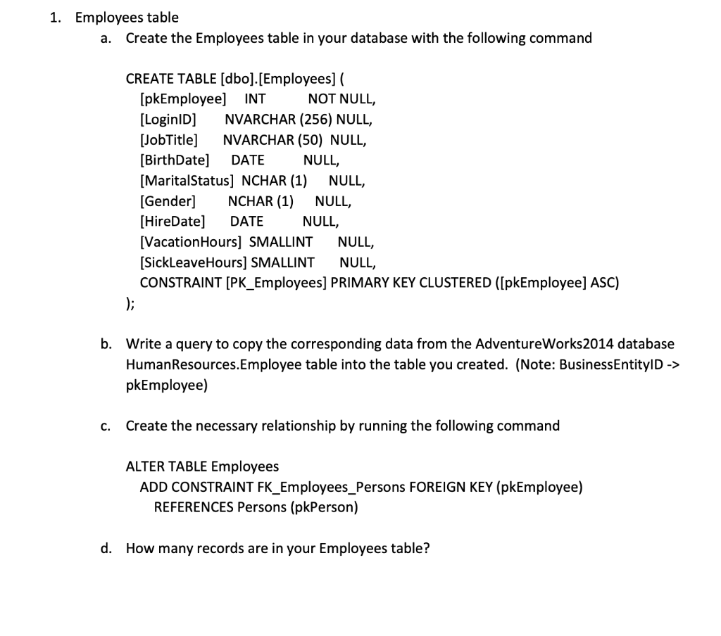 Employees table a. Create the Employees table in your | Chegg.com