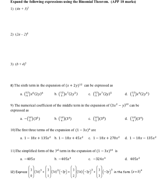 Solved Expand The Following Expressions Using The Binomia Chegg Com