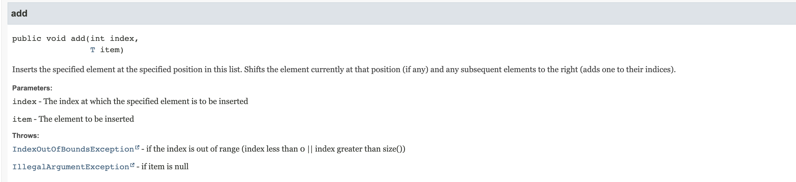Solved public void add int index t item parameters chegg
