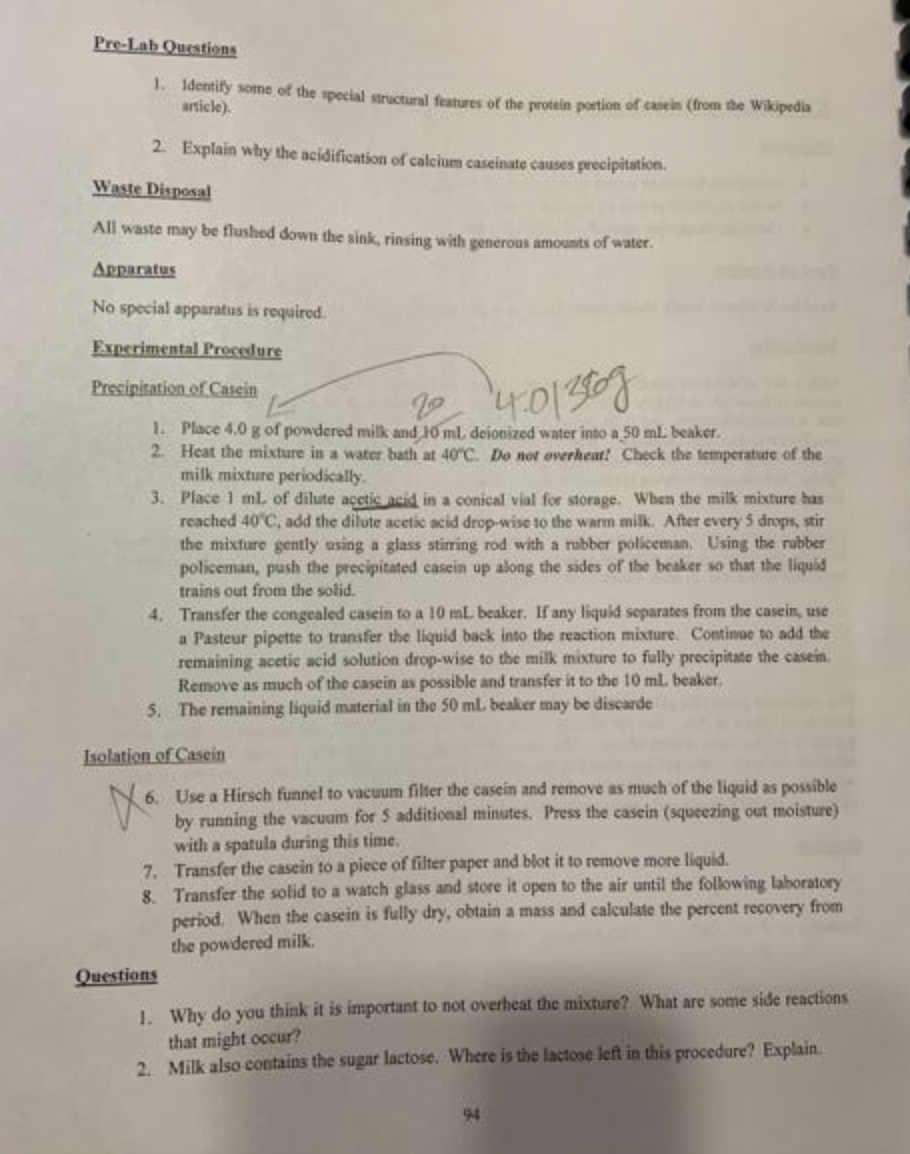 Solved Experiment 47 Isolation of Casein from Milk