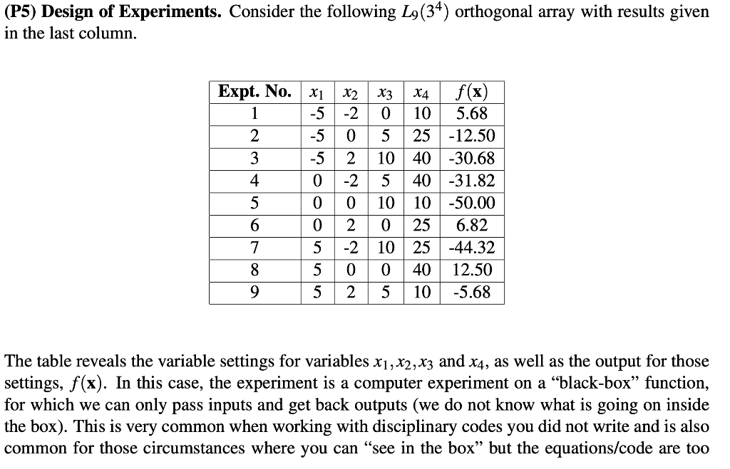 Solved (P5) Design of Experiments. Consider the following | Chegg.com