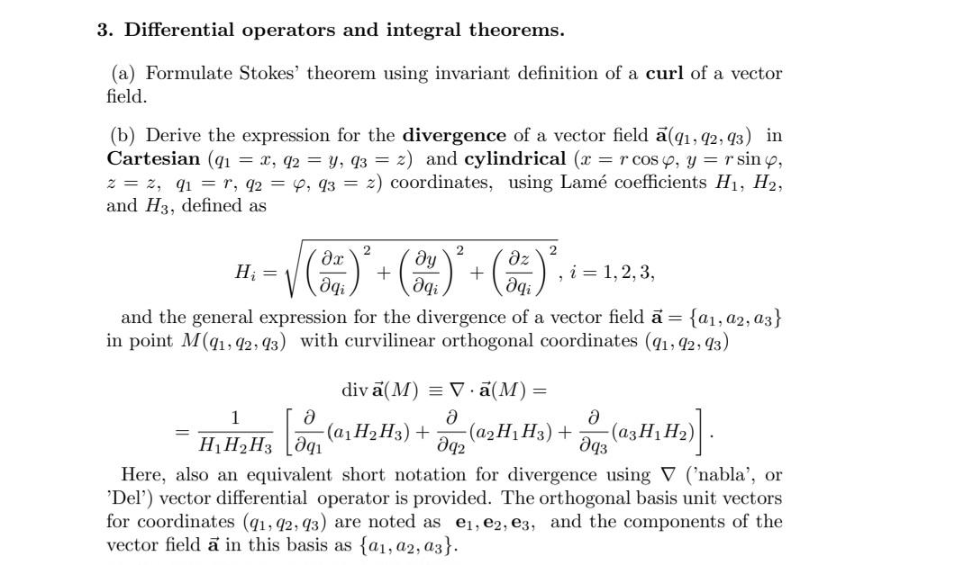 3. Differential operators and integral theorems. (a)