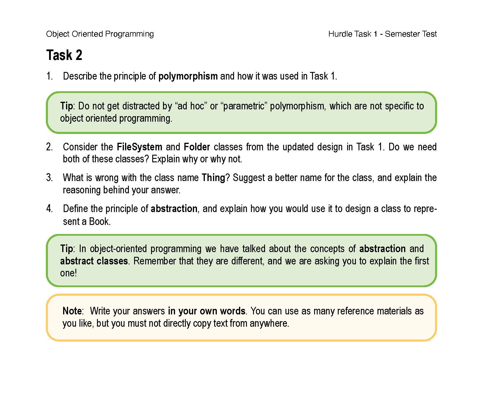 Solved Object Oriented Programming Hurdle Task 1 - Semester | Chegg.com