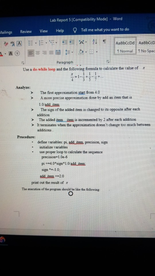 Lab Report 5 [Compatibility Mode] - Word Mailings Review View Help Tell me what you want to do 9 A 21 ab A - Az = AaBbCcDd Aa