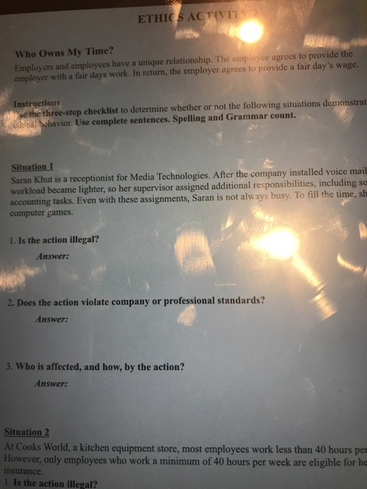 Solved ETHIC S ACTIV Who Owns My Time Employers And Chegg