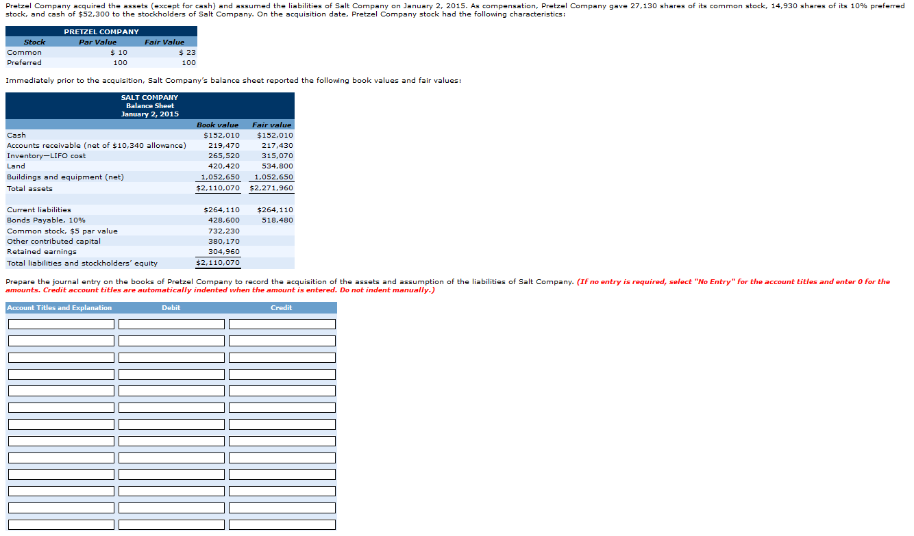 Solved Pretzel Company acquired the assets (except for cash)