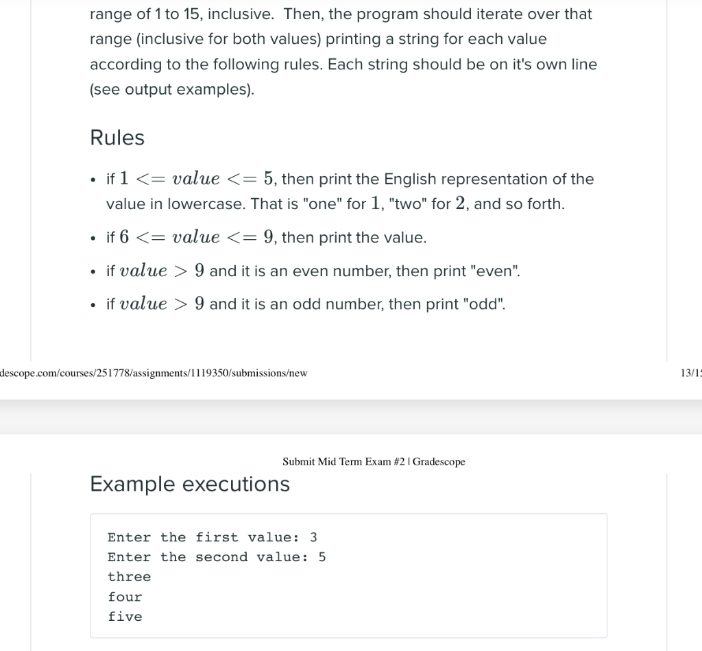 Solved range of 1 to 15, inclusive. Then, the program should | Chegg.com