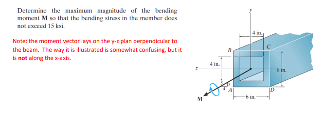 Determine the maximum magnitude of the bending moment \( \mathbf{M} \) so that the bending stress in the member does not exce