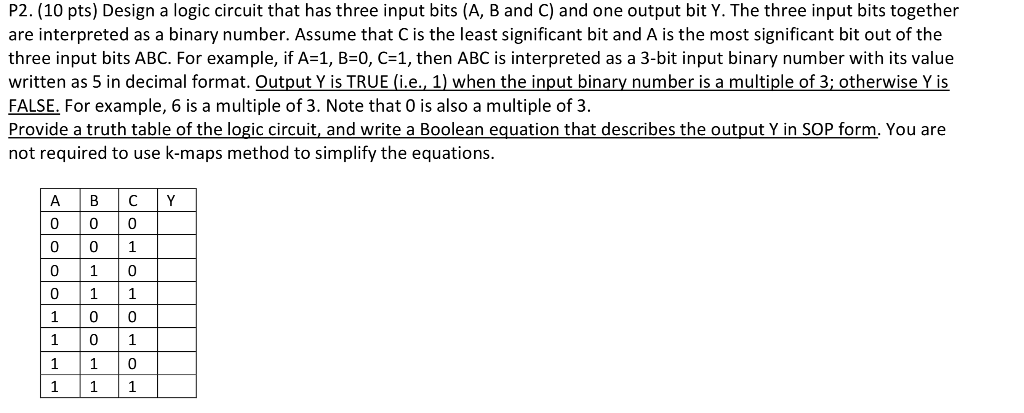 Solved P2. (10 pts) Design a logic circuit that has three | Chegg.com