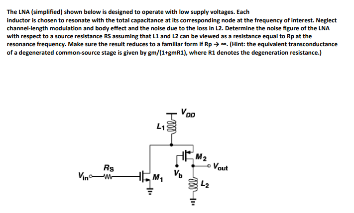 The LNA (simplified) shown below is designed to operate with low supply voltages. Each inductor is chosen to resonate with th