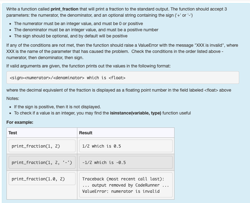 Solved Write a function called print fraction that will | Chegg.com