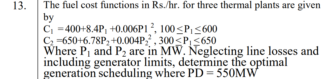 Solved 13 The Fuel Cost Functions In Rs hr For Three Chegg
