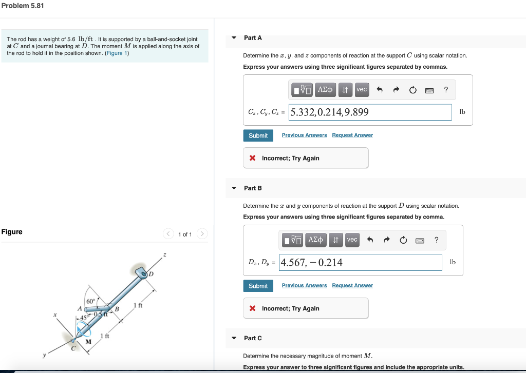 Solved Problem 5.81 Part A The Rod Has A Weight Of 5.6 Lb/ft | Chegg.com